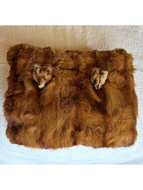 Vintage Brown Fur Hand Muff Warmer Pouch with Two Animal Head Details for Women